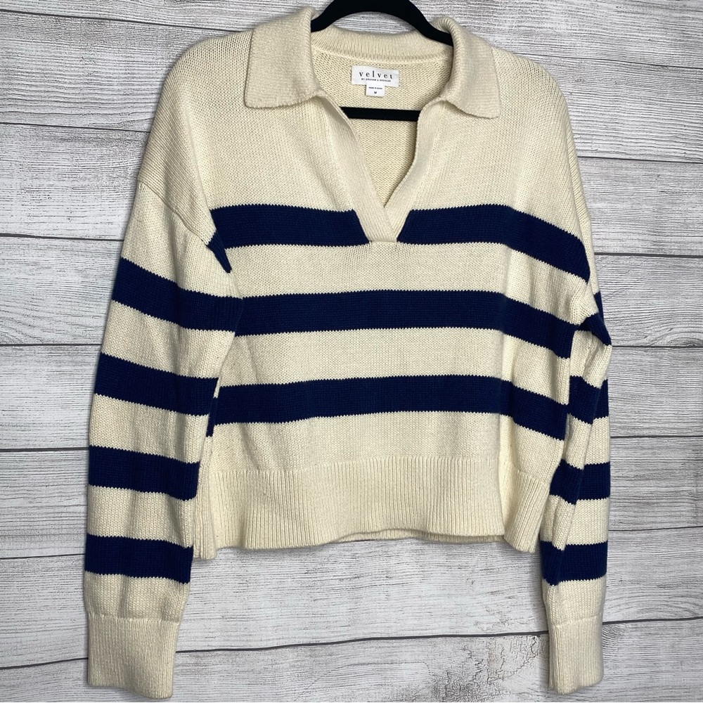 Velvet by Graham & Spencer Navy/White Cashmere Blend Old Money Coastal Nautical - Picture 3 of 9